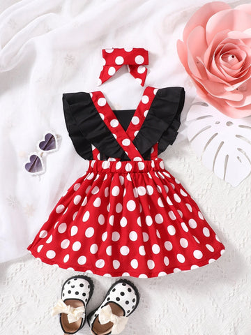 Baby Polka Dot Ruffle Trim Bow Front Overall Dress