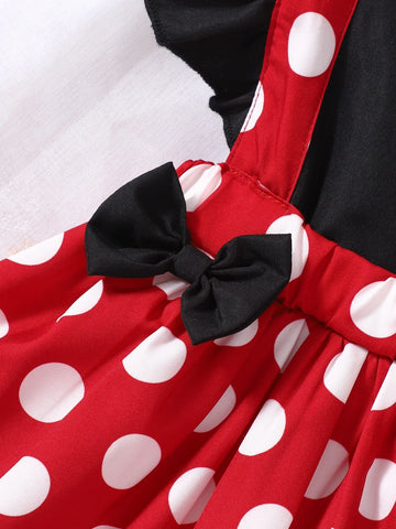 Baby Polka Dot Ruffle Trim Bow Front Overall Dress