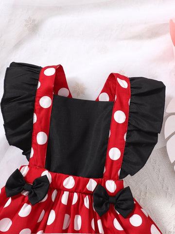 Baby Polka Dot Ruffle Trim Bow Front Overall Dress