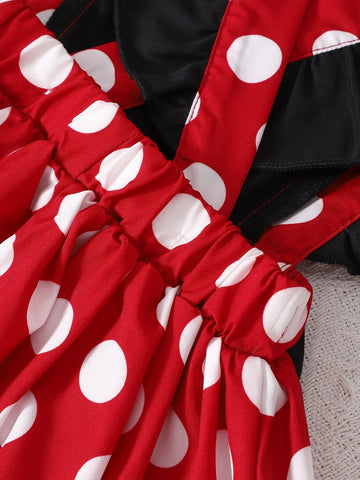 Baby Polka Dot Ruffle Trim Bow Front Overall Dress