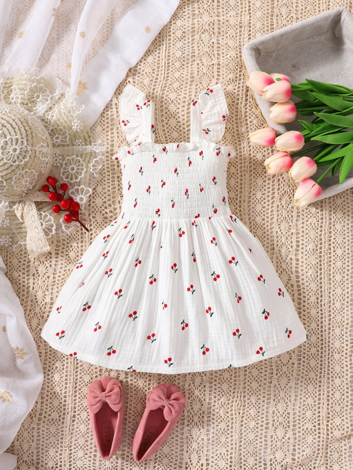 Baby Cherry Print Ruffle Trim Dress