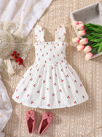 Baby Cherry Print Ruffle Trim Dress