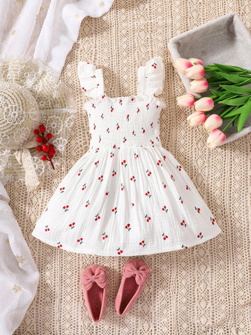 Baby Cherry Print Ruffle Trim Dress