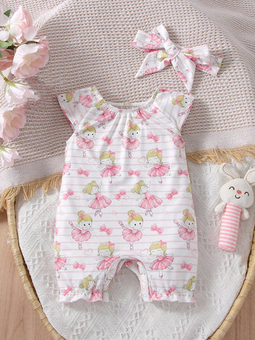 Newborn Baby Figure& Striped Print Frill Trim Romper & Headband
