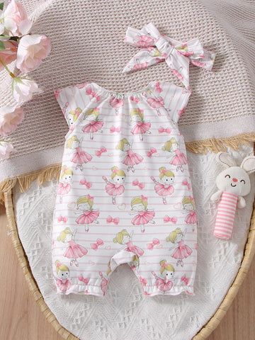 Newborn Baby Figure& Striped Print Frill Trim Romper & Headband