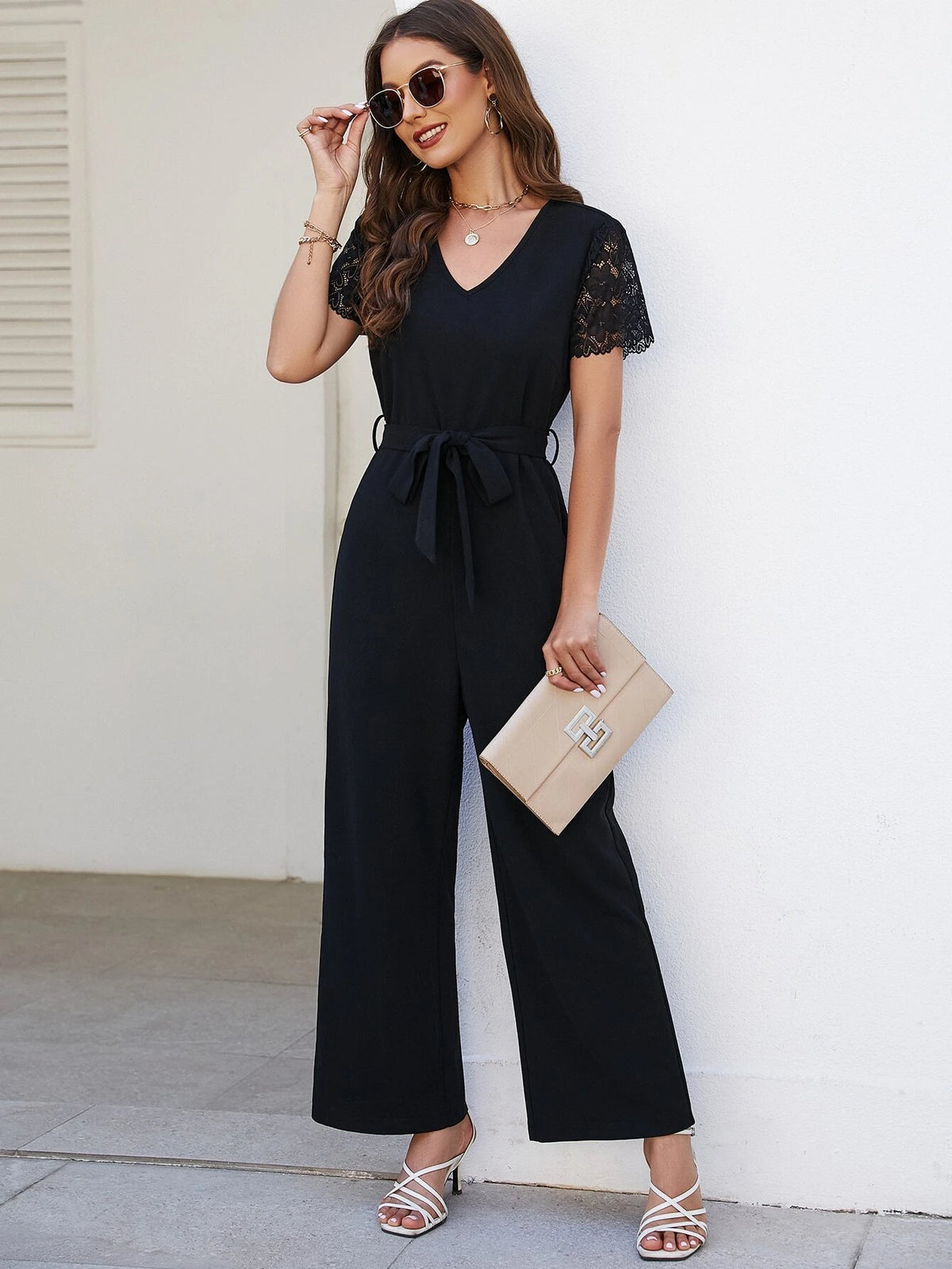 Contrast Lace Sleeve Belted Wide Leg Jumpsuit
