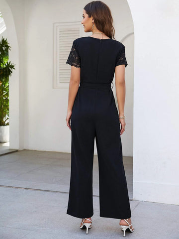 Contrast Lace Sleeve Belted Wide Leg Jumpsuit
