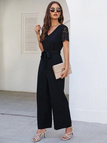 Contrast Lace Sleeve Belted Wide Leg Jumpsuit