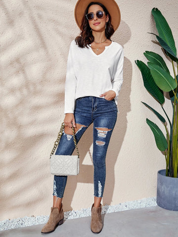 EMERY ROSE Notched Neckline Drop Shoulder Tee