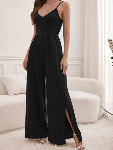 Tall Split Thigh Wide Leg Cami Jumpsuit Without Belt