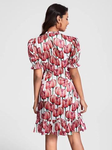 Allover Floral Print Tie Neck Ruffle Hem Dress