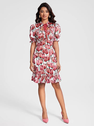 Allover Floral Print Tie Neck Ruffle Hem Dress