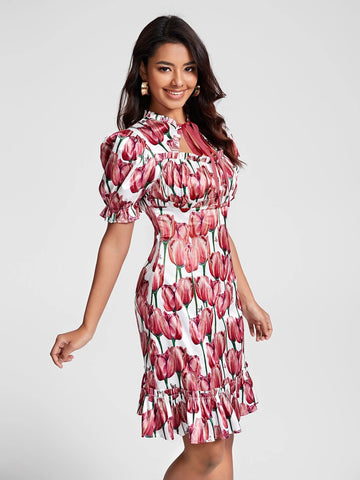 Allover Floral Print Tie Neck Ruffle Hem Dress