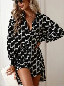 Allover Print Drop Shoulder Shirt & Knot Front Shorts