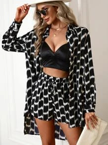 Allover Print Drop Shoulder Shirt & Knot Front Shorts