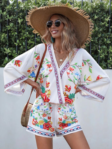 Floral Print Trumpet Sleeve Blouse & Shorts