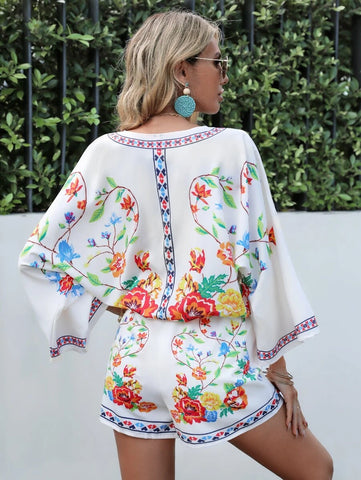 Floral Print Trumpet Sleeve Blouse & Shorts