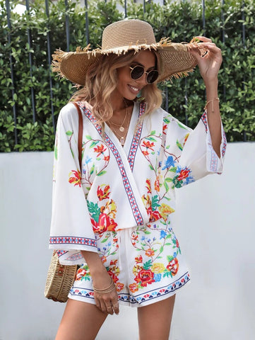 Floral Print Trumpet Sleeve Blouse & Shorts