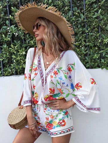 Floral Print Trumpet Sleeve Blouse & Shorts