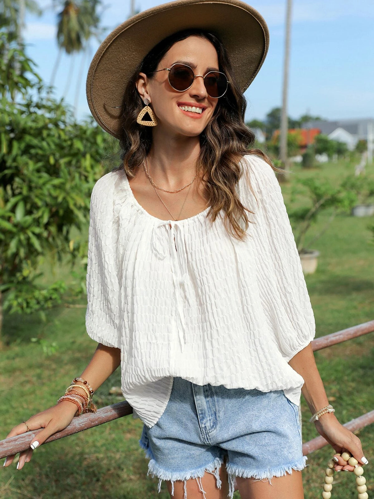 EMERY ROSE Tie Neck Raglan Sleeve Blouse