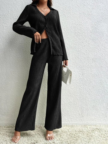 Tall Solid Button Front Blouse & Pants