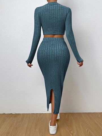 EZwear Solid Ribbed Knit Crop Tee & Split Thigh Skirt