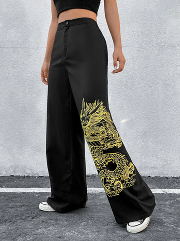 Chinese Dragon Print Wide Leg Pants