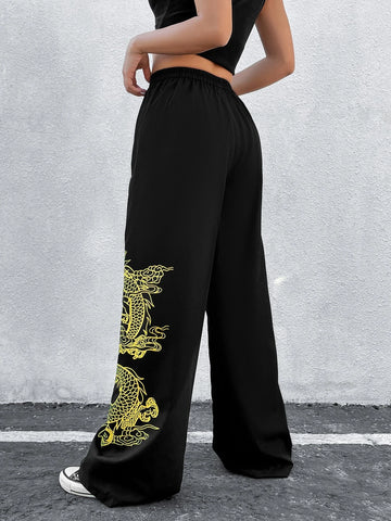 Chinese Dragon Print Wide Leg Pants