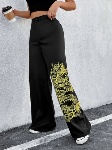 Chinese Dragon Print Wide Leg Pants