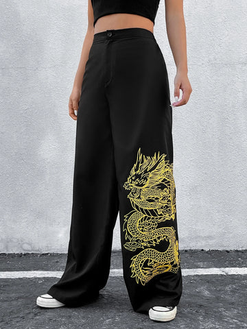 Chinese Dragon Print Wide Leg Pants