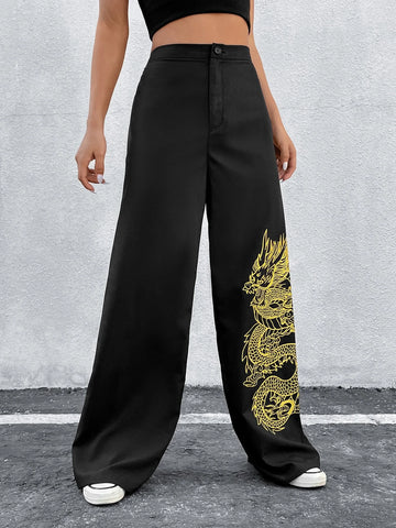 Chinese Dragon Print Wide Leg Pants