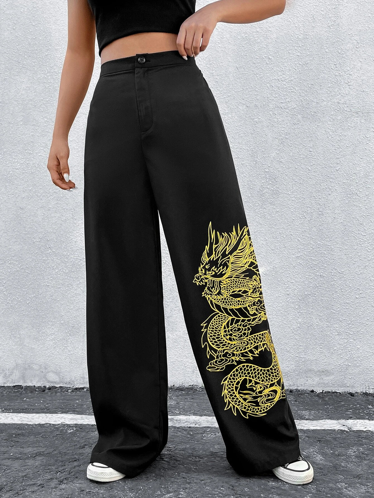 Chinese Dragon Print Wide Leg Pants