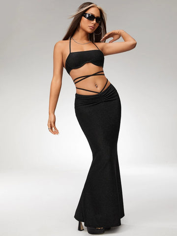 ICON Tie Backless Halter Top & Ruched Waist Skirt