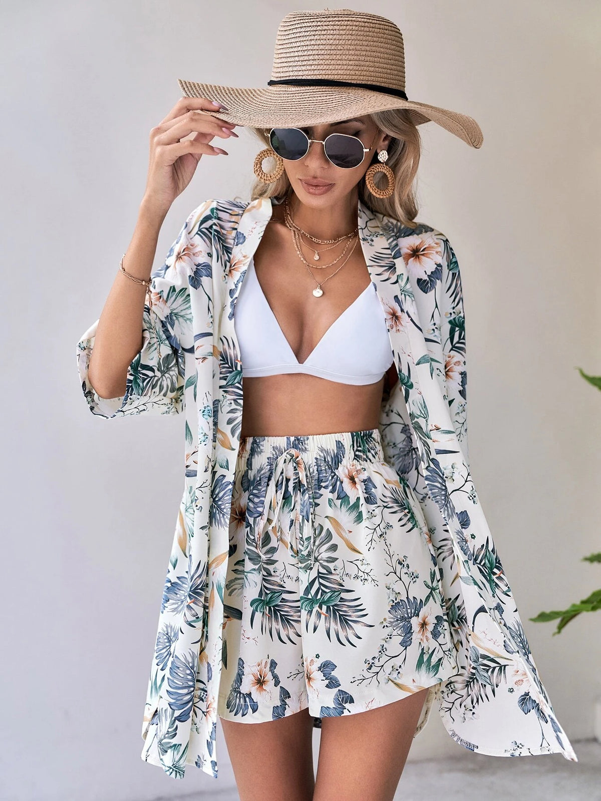 VCAY Tropical Print Blouse & Tie Front Shorts