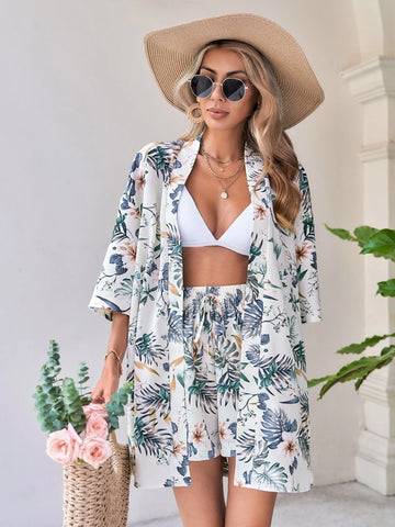 VCAY Tropical Print Blouse & Tie Front Shorts