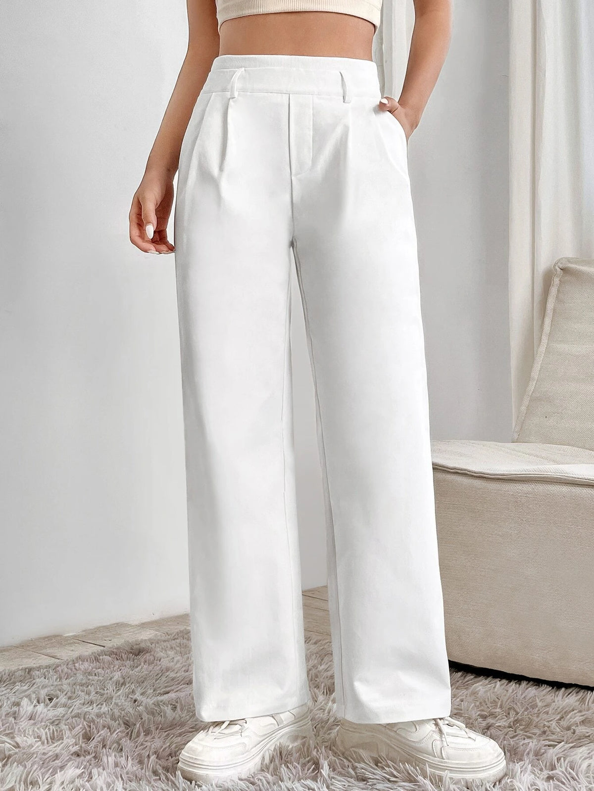 PETITE High Waist Plicated Detail Wide Leg Pants