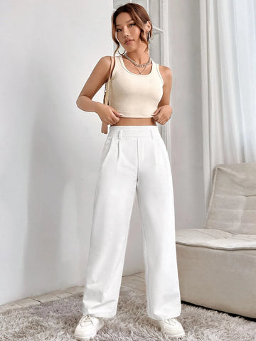 PETITE High Waist Plicated Detail Wide Leg Pants