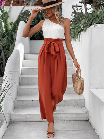 Two Tone One Shoulder Paperbag Waist Belted Jumpsuit