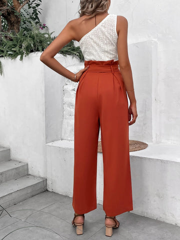 Two Tone One Shoulder Paperbag Waist Belted Jumpsuit