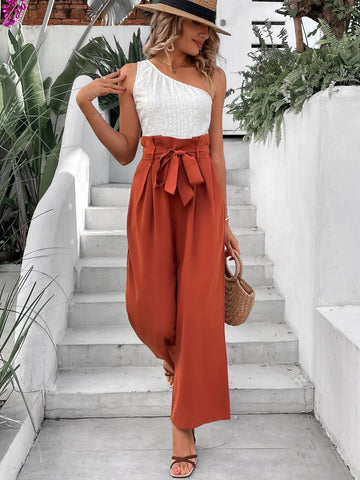 Two Tone One Shoulder Paperbag Waist Belted Jumpsuit