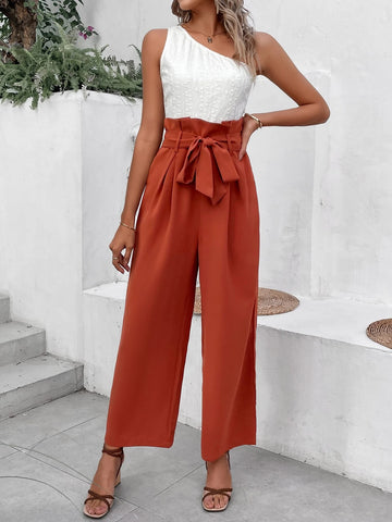 Two Tone One Shoulder Paperbag Waist Belted Jumpsuit