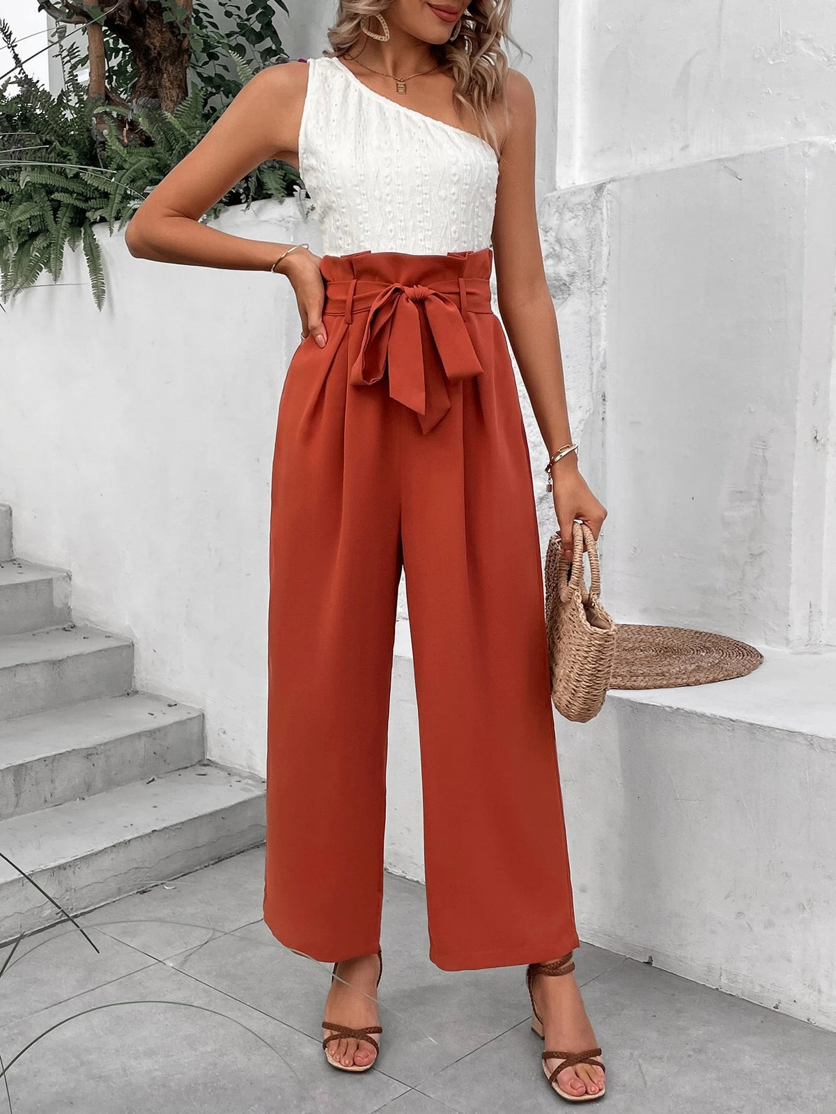 Two Tone One Shoulder Paperbag Waist Belted Jumpsuit