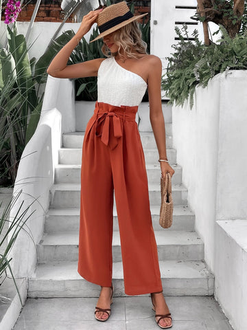 Two Tone One Shoulder Paperbag Waist Belted Jumpsuit