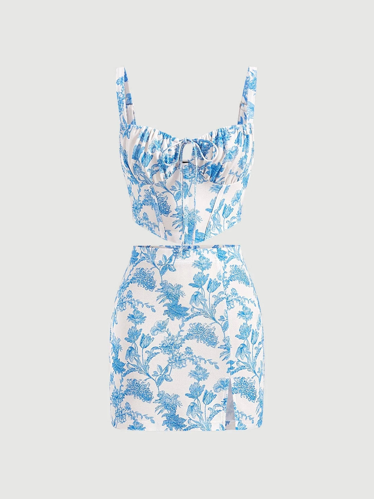 MOD Floral Print Ruched Bust Cami Top & Split Hem Skirt