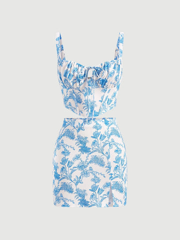 MOD Floral Print Ruched Bust Cami Top & Split Hem Skirt