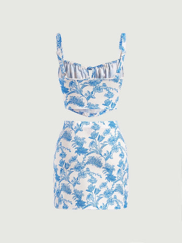 MOD Floral Print Ruched Bust Cami Top & Split Hem Skirt