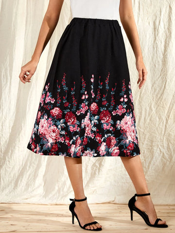 EMERY ROSE Elastic Waist Floral Print Skirt