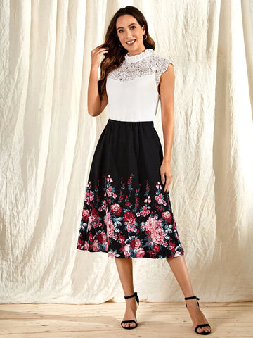 EMERY ROSE Elastic Waist Floral Print Skirt
