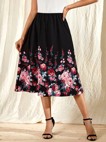 EMERY ROSE Elastic Waist Floral Print Skirt