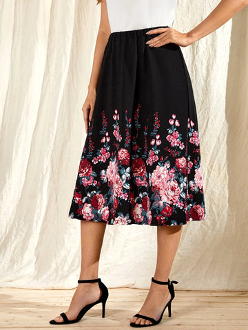EMERY ROSE Elastic Waist Floral Print Skirt
